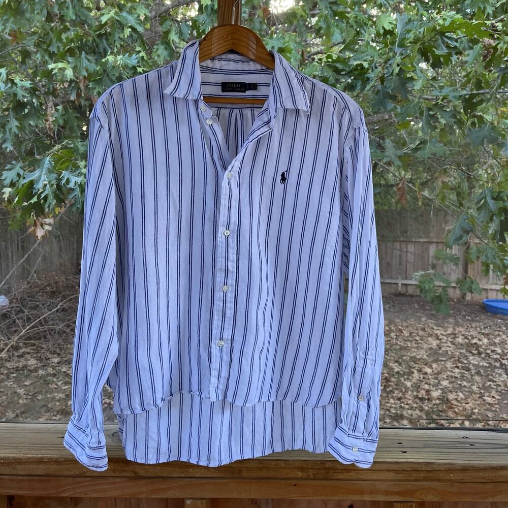 Ralph Lauren Polo Men's White & Blue Striped 100% Linen Button Down Shirt Size L